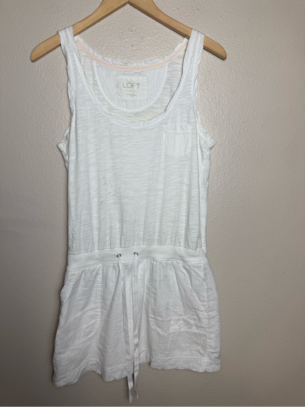 LOFT Cotton Linen Blend White Sleeveless Knit Drawstring Romper